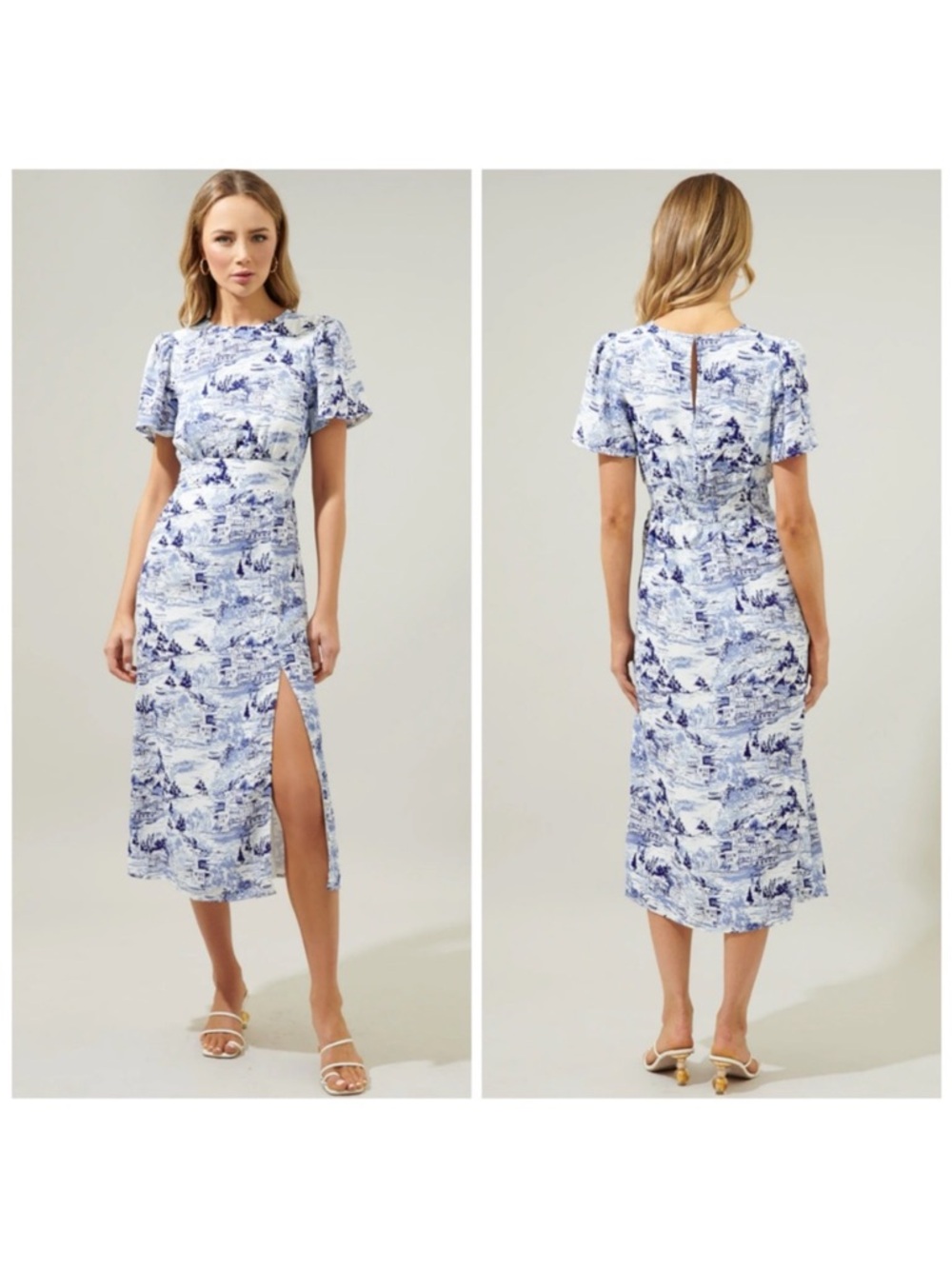 Sugarlips Francine Toile Blue & White Scenic Print Midi Dress with Side Slit - Picture 2 of 10